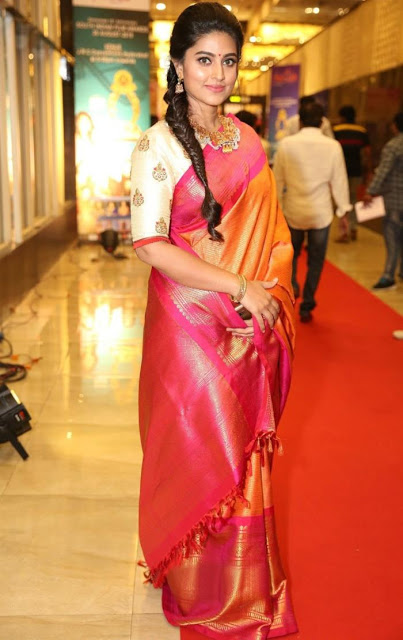 Actress Sneha In Orange Traditional Indian Pattu Saree At Santhosam Awards 52